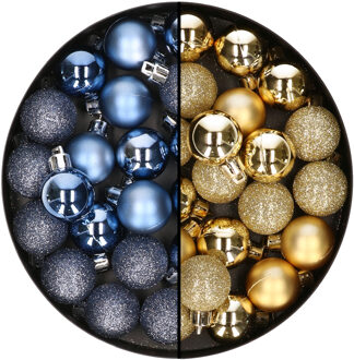 40x stuks kleine kunststof kerstballen donkerblauw en goud 3 cm