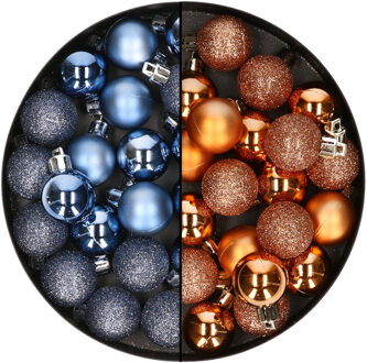 40x stuks kleine kunststof kerstballen donkerblauw en koper 3 cm