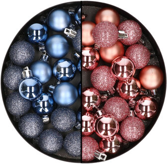 40x stuks kleine kunststof kerstballen donkerblauw en roze 3 cm