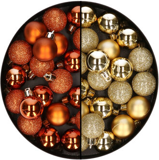 40x stuks kleine kunststof kerstballen goud en oranje 3 cm