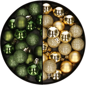 40x stuks kleine kunststof kerstballen groen en goud 3 cm
