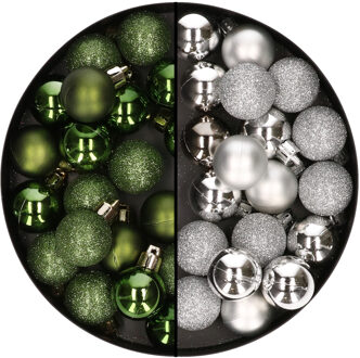 40x stuks kleine kunststof kerstballen groen en zilver 3 cm