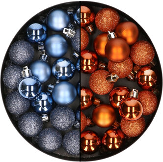 40x stuks kleine kunststof kerstballen oranje en donkerblauw 3 cm