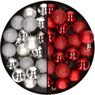 40x stuks kleine kunststof kerstballen rood en zilver 3 cm