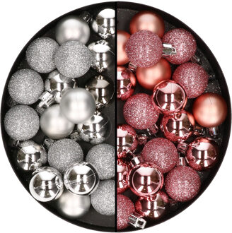 40x stuks kleine kunststof kerstballen roze en zilver 3 cm