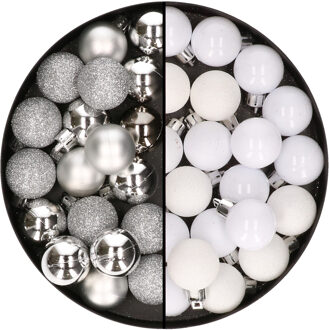 40x stuks kleine kunststof kerstballen wit en zilver 3 cm
