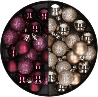 40x stuks kleine plastic kerstballen champagne en aubergine paars 3 cm - Kerstbal
