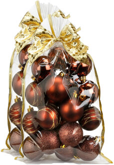 40x stuks kunststof kerstballen bruin mix 6 cm in giftbag