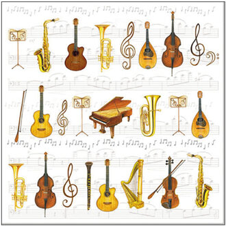 40x Tafel diner/lunch servetten 33 x 33 cm muziek instrumenten print - Feestservetten Multikleur