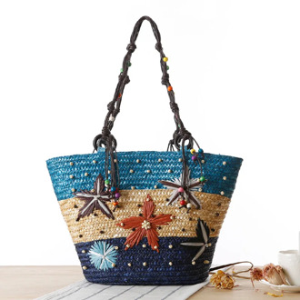 41x28CM New Bohemian Hand-embroidered Starfish Straw Bag Beaded Weaving Women Shoulder Bag a7163