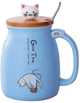 420Ml/500Ml Cartoon Kat Keramische Water Cup Met Houten Deksel Lepel Koffie Melk Thee Mokken Thuis Kinderen cup Set Drinkware blauw 420ml