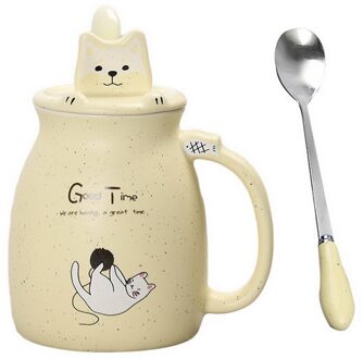 420Ml/500Ml Cartoon Kat Keramische Water Cup Met Houten Deksel Lepel Koffie Melk Thee Mokken Thuis Kinderen cup Set Drinkware geel 500ml