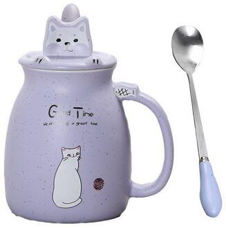420Ml/500Ml Cartoon Kat Keramische Water Cup Met Houten Deksel Lepel Koffie Melk Thee Mokken Thuis Kinderen cup Set Drinkware paars 500ml