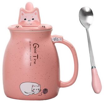 420Ml/500Ml Cartoon Kat Keramische Water Cup Met Houten Deksel Lepel Koffie Melk Thee Mokken Thuis Kinderen cup Set Drinkware rood 500ml