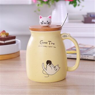 420Ml Kleur Kat Kitten Hittebestendig Keramische Mok Koffie Thee Melk Water Cup Kantoor Drinkware W/handvat + Lepel + Deksel geel