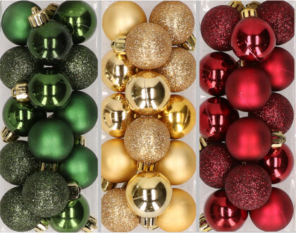 42x stuks kleine kunststof kerstballen goud, bordeaux rood en dennengroen 3 cm