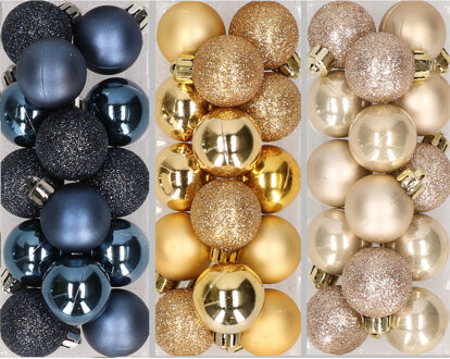 42x stuks kleine kunststof kerstballen goud, champagne en donkerblauw 3 cm