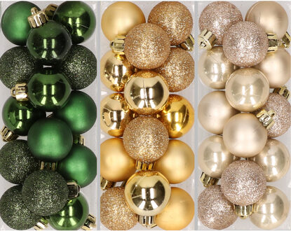 42x stuks kleine kunststof kerstballen goud, champagne en donkergroen 3 cm