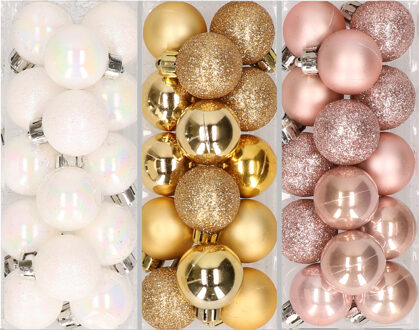 42x stuks kleine kunststof kerstballen goud, lichtroze en parelmoer wit 3 cm