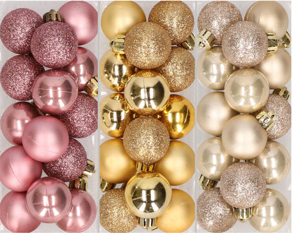 42x stuks kleine kunststof kerstballen mix champagne, goud en oudroze 3 cm