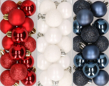 42x stuks kleine kunststof kerstballen mix rood, wit en blauw 3 cm