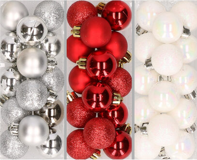 42x stuks kleine kunststof kerstballen rood, wit en zilver 3 cm