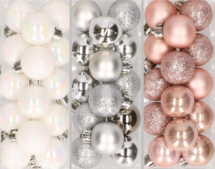 42x stuks kleine kunststof kerstballen zilver, parelmoer wit en lichtroze 3 cm