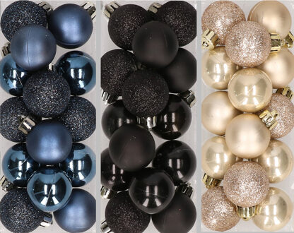 42x stuks kleine kunststof kerstballen zwart, champagne en nachtblauw 3 cm Donkerblauw