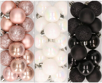42x stuks kleine kunststof kerstballen zwart, parelmoer wit en lichtroze 3 cm