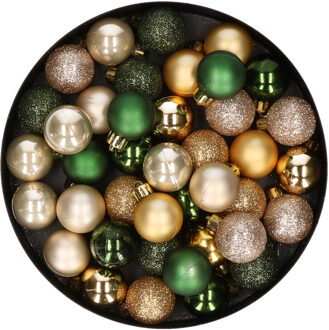 42x stuks kunststof kerstballen donkergroen, champagne en goud mix 3 cm