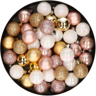 42x stuks kunststof kerstballen lichtroze, parelmoer wit en goud mix 3 cm - Kerstbal Multikleur