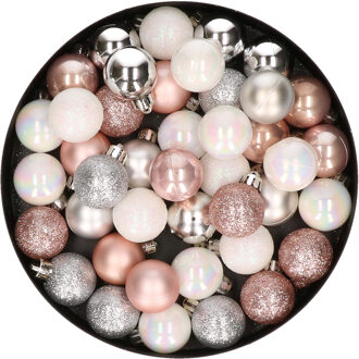 42x stuks kunststof kerstballen lichtroze, parelmoer wit en zilver mix 3 cm