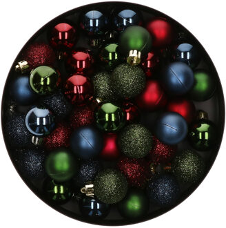 42x Stuks kunststof kerstballen mix donkerblauw/donkerrood/donkergroen 3 cm