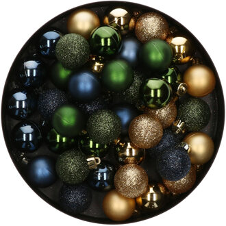 42x Stuks kunststof kerstballen mix donkergroen/goud/donkerblauw 3 cm - Kerstbal Multikleur