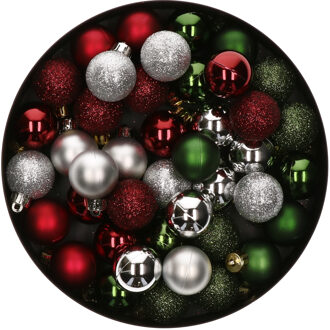42x Stuks kunststof kerstballen mix donkergroen/zilver/donkerrood 3 cm