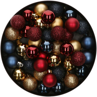 42x Stuks kunststof kerstballen mix donkerrood/goud/donkerblauw 3 cm - Kerstbal Multikleur