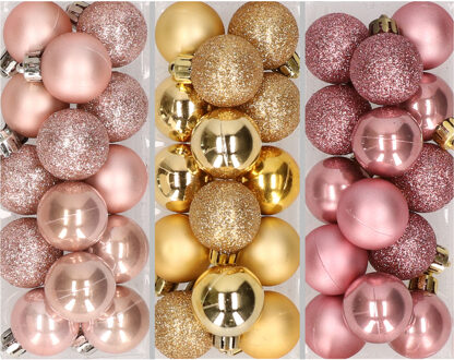 42x Stuks kunststof kerstballen mix goud/lichtroze/oud roze 3 cm - Kerstbal