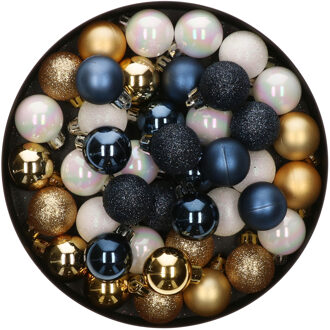 42x Stuks kunststof kerstballen mix wit/goud/donkerblauw 3 cm - Kerstbal Multikleur