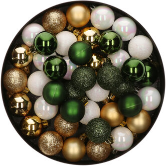 42x Stuks kunststof kerstballen mix wit/goud/donkergroen 3 cm