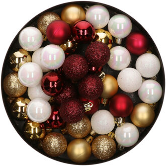 42x Stuks kunststof kerstballen mix wit/goud/donkerrood 3 cm - Kerstbal Multikleur