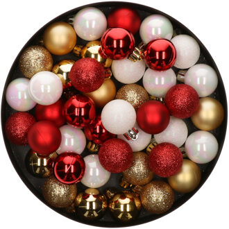 42x Stuks kunststof kerstballen mix wit/goud/rood 3 cm - Kerstbal Multikleur