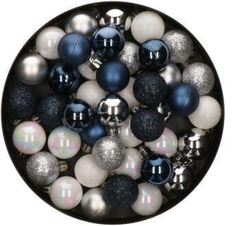 42x Stuks kunststof kerstballen mix wit/zilver/blauw 3 cm - Kerstbal Multikleur