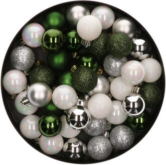 42x Stuks kunststof kerstballen mix wit/zilver/donkergroen 3 cm