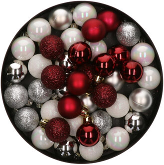 42x Stuks kunststof kerstballen mix wit/zilver/donkerrood 3 cm - Kerstbal Multikleur