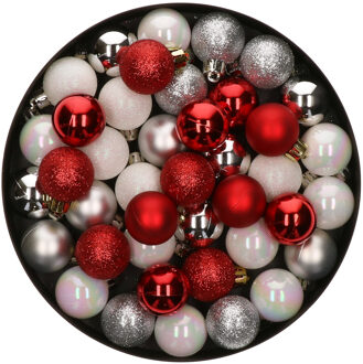 42x Stuks kunststof kerstballen mix wit/zilver/rood 3 cm - Kerstbal Multikleur