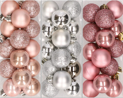 42x Stuks kunststof kerstballen mix zilver/oud roze/lichtroze 3 cm - Kerstbal