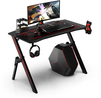 43.3" Game Table Professional Internet Cafe Game Computer Table With Cable Management Box Cup Holder Headphone Hook & Mouse Pad