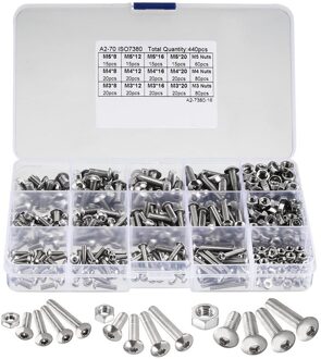 440Pcs M3 M4 M5 Rvs Hex Socket Knop Hoofd Cap Bouten Schroeven Moeren Kit Ideaal Voor Thuis Werkplek auto