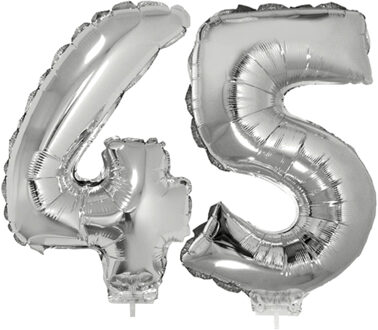45 jaar leeftijd feestartikelen - versiering cijfers - ballonnen op stokje - van 41 cm - zilver