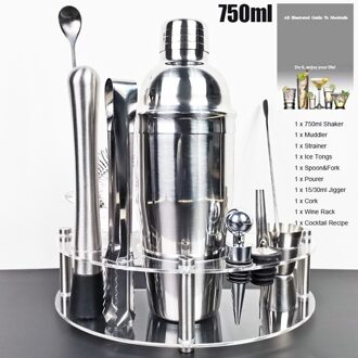 450/550/600/750Ml 1-12 Stuks Rvs Cocktail Shaker Bar Kit Martini Shakers met Stand + Drink Recept 11stk 750ml T Rack